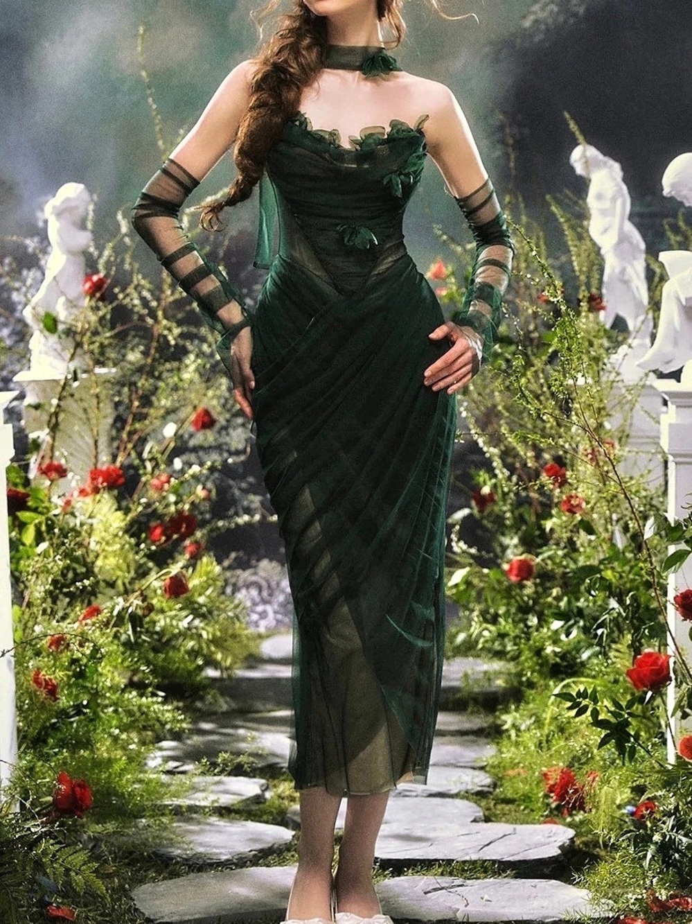 Lace made Green Sheer Floral Midi Dress Like New